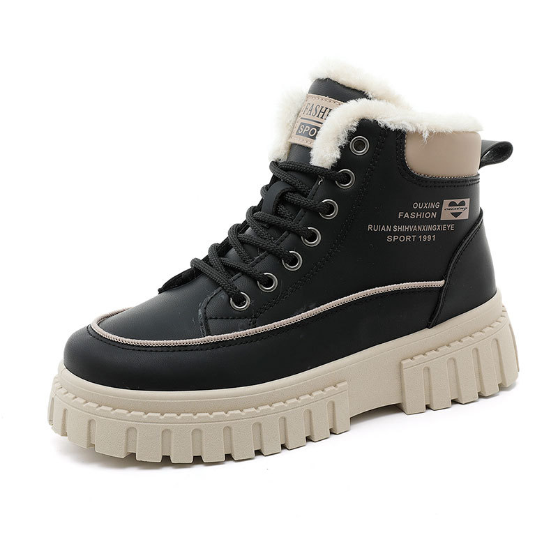 Q505 Neue Herbst-Winter-Sneaker für Damen, High-Top, lockere Passform, dicke Sohle, höhenverstärkendes Material, Baumwollfutter, Fleece, schlichtes Design, ideal für Studenten._voghion.com