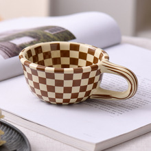 个性化复古小众不规则咖啡杯棋盘格杯子办公室高颜值陶瓷杯子创意