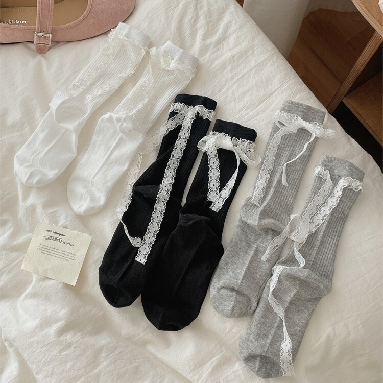 2025 Spring and Summer New Japanese Solid Color Heel Tie Bow Lace Women's Mid-Length Stockings