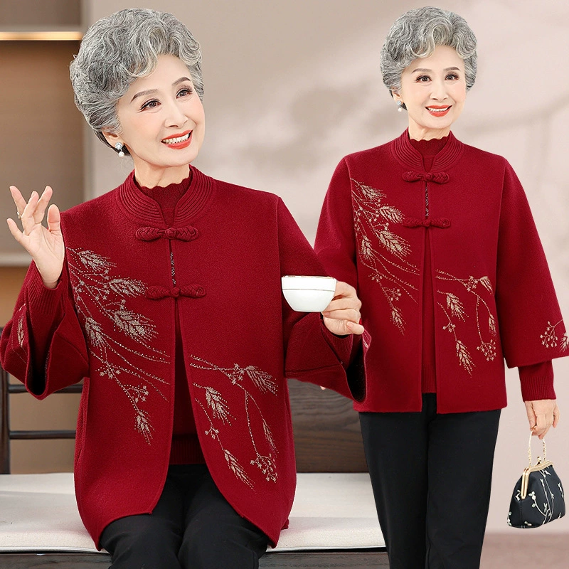 Пожилые люди Весна и Осень Женская бабушка трикотаж из двух частей Старушка Мама Иностранный свитер Высококлассный кардиган куртка