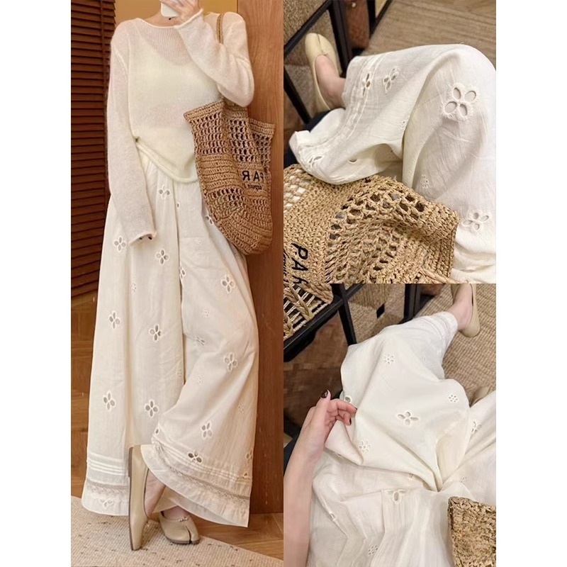 chubby girl Korean Style Hollow Lace Stitching Wide Leg Pants Women's Summer New High Waist Loose Design Sense Wide Leg Casual Pants