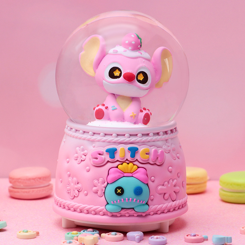 Linda y linda caja de música de bola de cristal Stitch, caja de música giratoria de nieve brillante, regalo para estudiantes y niños