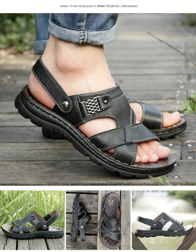 Dép sandal nam da bò lớp đầu hở ngón, dép đi biển da thật thoáng khí chống trượt size lớn — 10135 màu đen, 10888 màu đen, 12129 màu đen, 12129 vàng nâu chi tiết 7