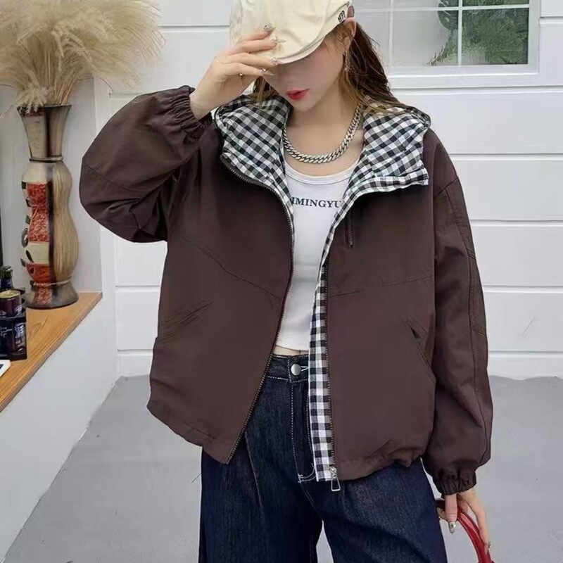 宽松格子拼接连帽短款外套女2025秋季新款时尚休闲百搭上衣夹克潮|undefined