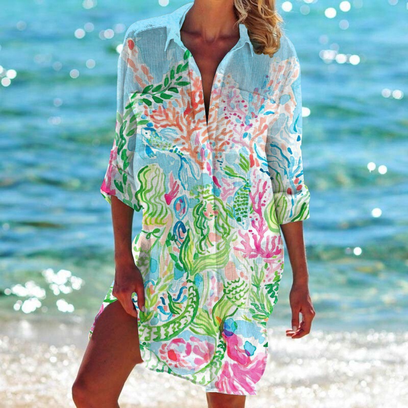 Casual 3D Women's Summer New Shirt Swimwear Cardigan Bikini Jacket Graffiti 3D Print Beach Cover Shirt