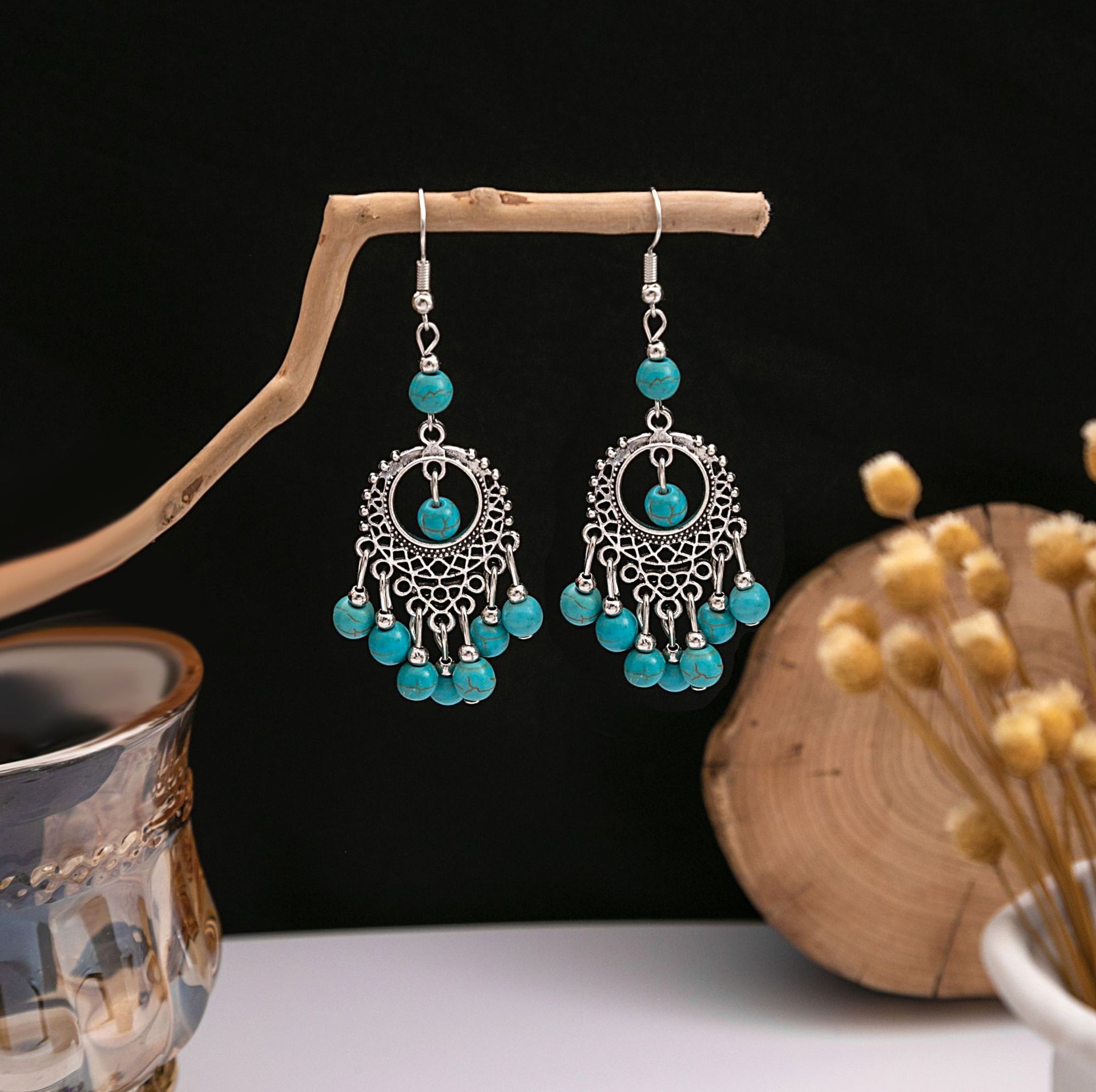 1 Pair Casual Retro Geometric Beaded Alloy Turquoise Drop Earrings display picture 20