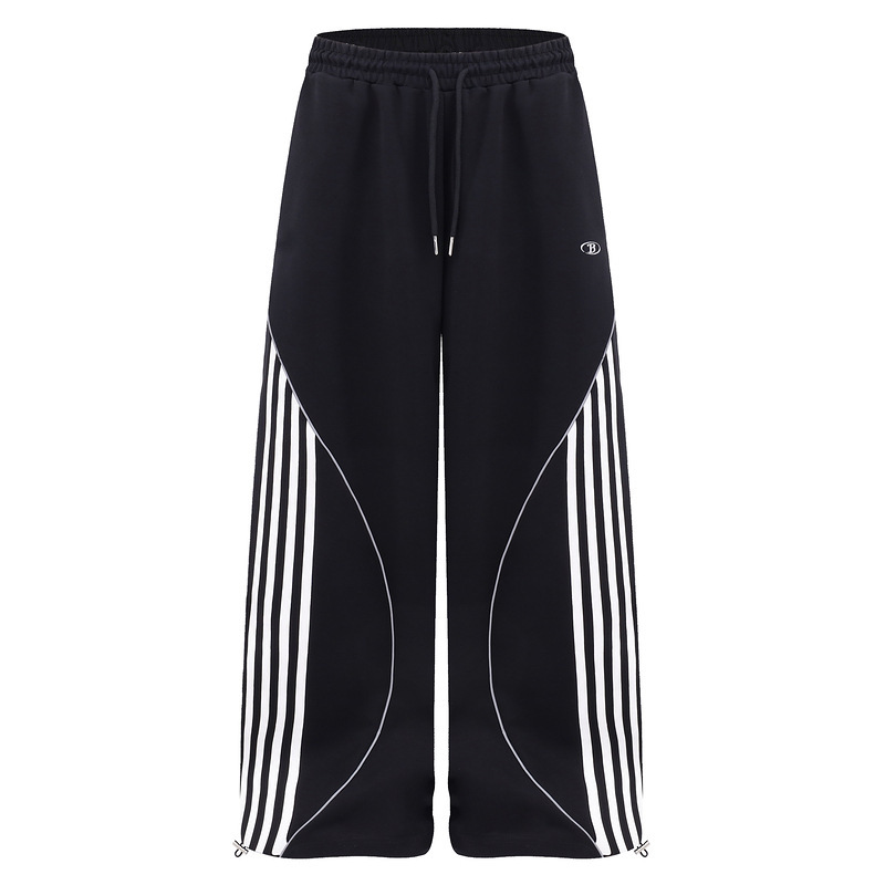 American-style striped patchwork wide-leg sweatpants for women with reflective stripes, drawstring cuffs, dual-wear casual sports pants wholesale