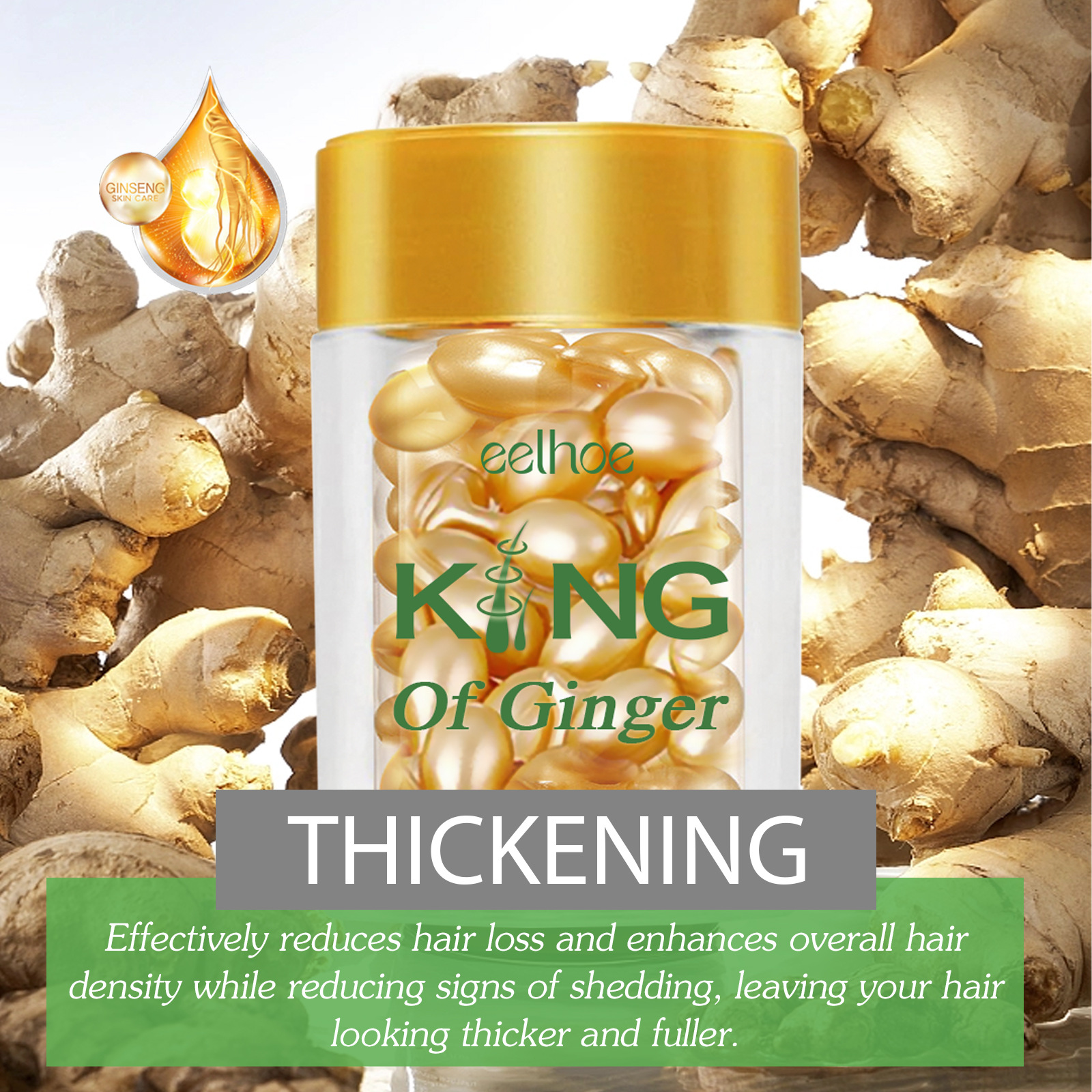 Las cápsulas capilares de jengibre EELHOE nutren las raíces del cabello, nutren y espesan el cabello, fortalecen y previenen la caída del cabello, cuidan el masaje del cuero cabelludo_voghion.com