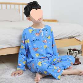 夏季青少年绵绸睡衣套装棉绸家居空调服男士中大童学生薄款长袖裤