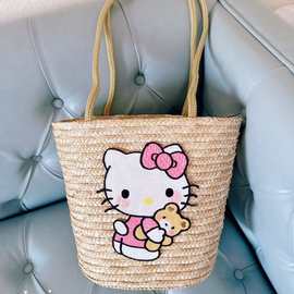 新款女夏大容量托特旅行度假休闲百搭编织包可爱猫咪草编包单肩包