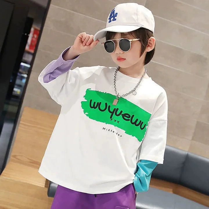 Long-sleeve boys' set, Korean style, 2-piece, sizes 100–160 cm (white/black/purple)