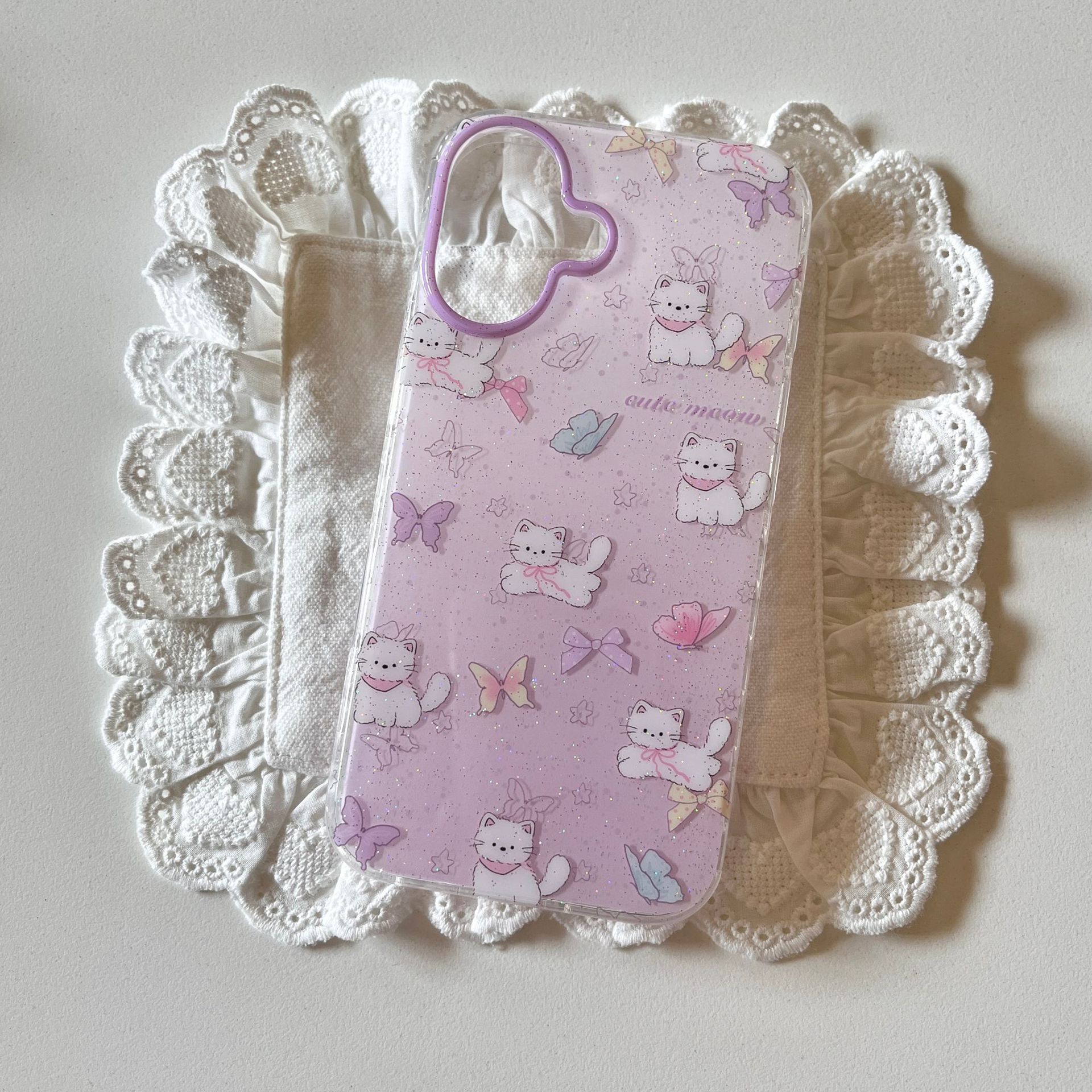 Gato con lazo morado lindo coreano para Apple 16ProMax funda para teléfono móvil 15/14 niña 13 mujer 15P