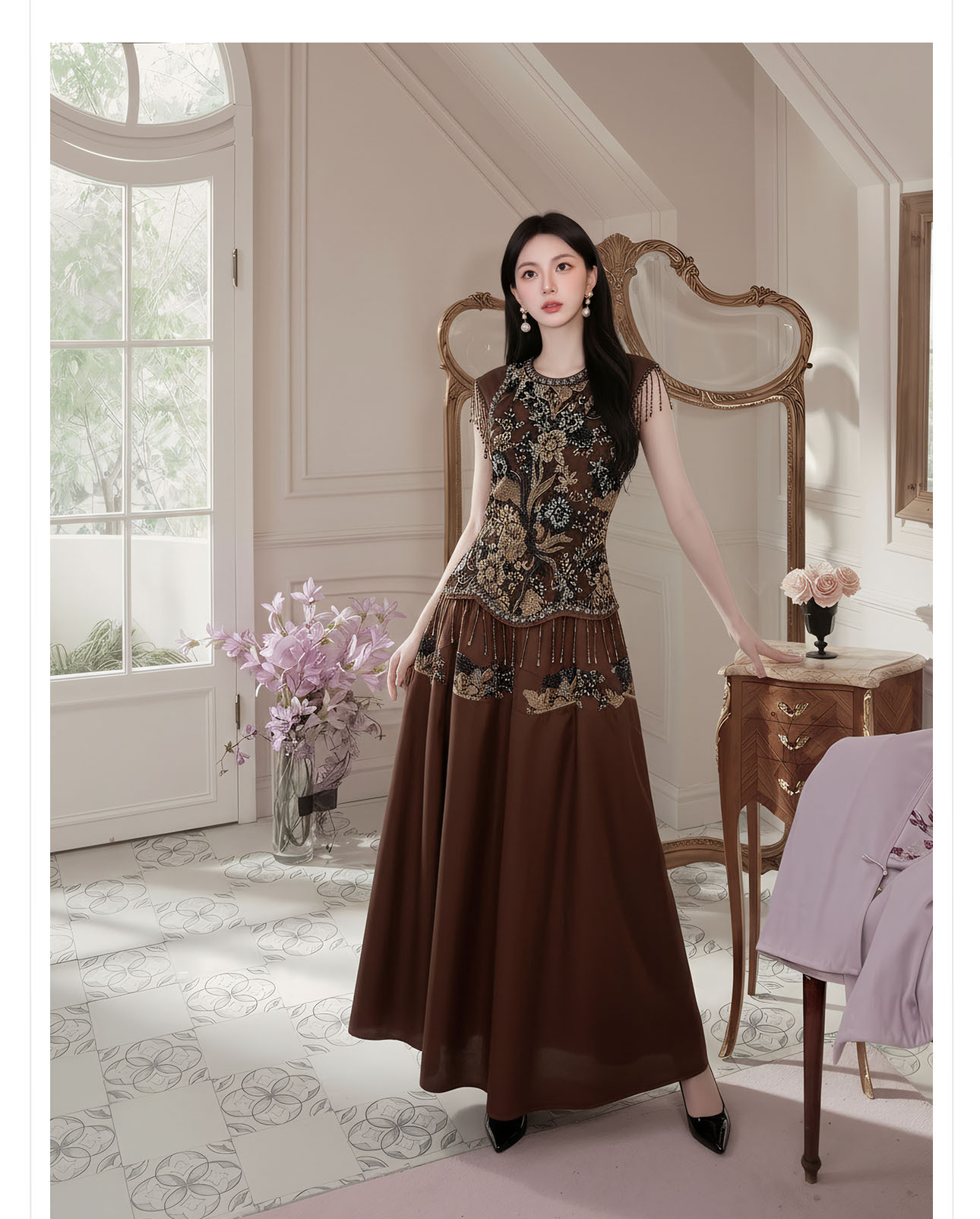 Đầm maxi nữ thắt eo phong cách Tân Trung Hoa, cổ tròn, đính cườm thêu ren, thiết kế vintage — Màu cà phê chi tiết 8