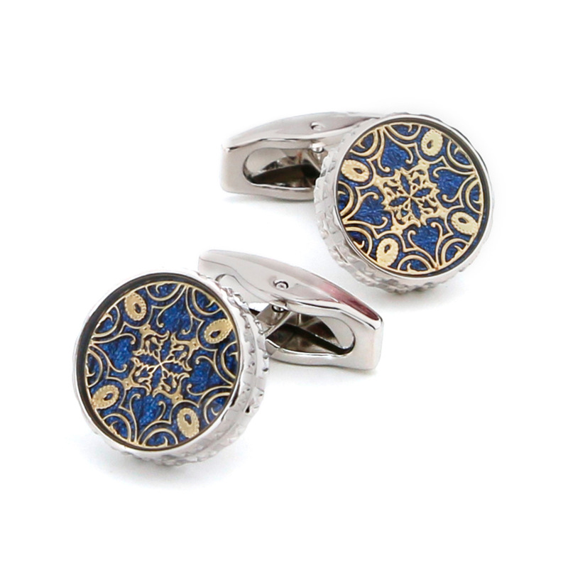 Cufflinks in Stock Wholesale Fashion Blue Background Gold Pattern Round Silver Men's Cufflinks Metal Accessories