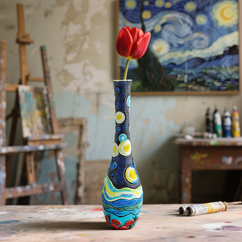  Hot Selling Van Gogh Art Inspiration Starry Night Resin Vase Set Home Desktop Flower Arrangement Decorative Vase Ornaments