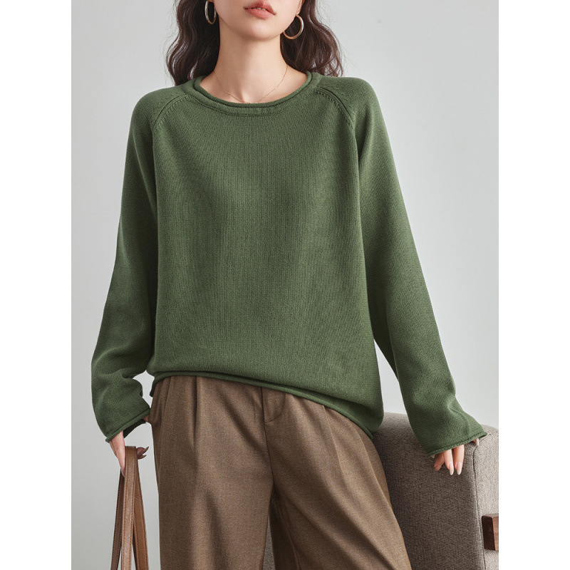 Cotton Thread Rolled Edge Round Neck Loose Sweater for Women, Pure Cotton Inner Knitwear, Autumn and Winter Long-Sleeved Women's Base Layer Top Cotton Thread Rolled Edge Round Neck Loose Sweater for Women, Pure Cotton Inner Knitwear, Autumn and Winter Long-Sleeved Women's Base Layer Top
