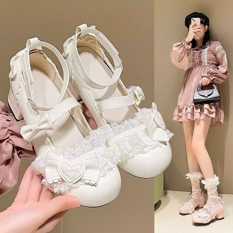 Lolita Lace Court-Style Leather Shoes, Cute Lolita Japanese Jk Bowknot Chunky Heel Single Shoes, Soft Girl Leather Shoes