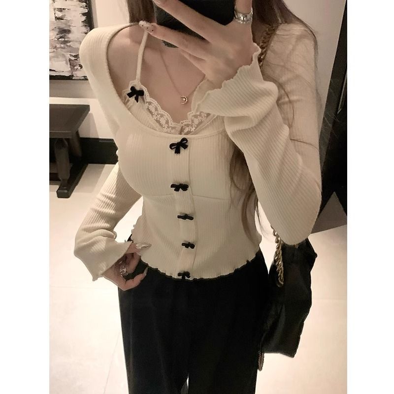 Lace spliced ​​fake two-piece bow halter neck shirt 2025 women's…