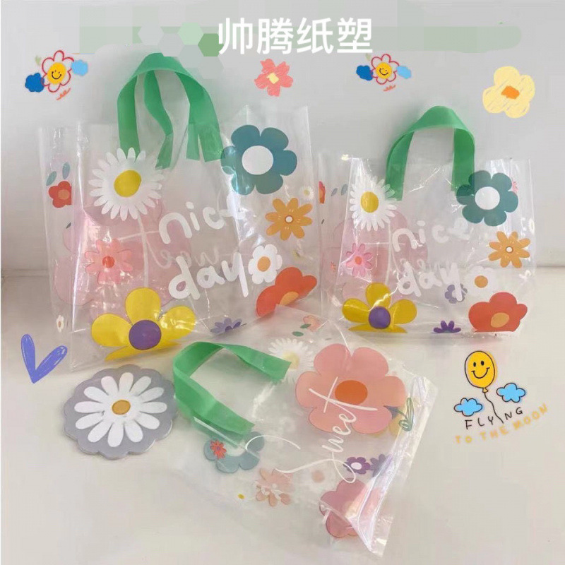 透明礼品袋ins泫雅花朵手提网红包装加厚服装韩风塑料胶一件代发