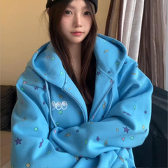 国潮牌蓝色连帽开衫卫衣女春秋冬宽松oversize别致休闲百搭外套潮