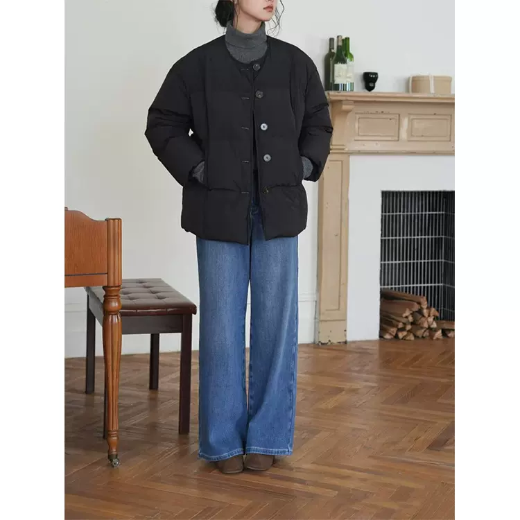 无领宽松暗格纹日系方格绗线短款鹅绒服羽绒服保暖外套复古