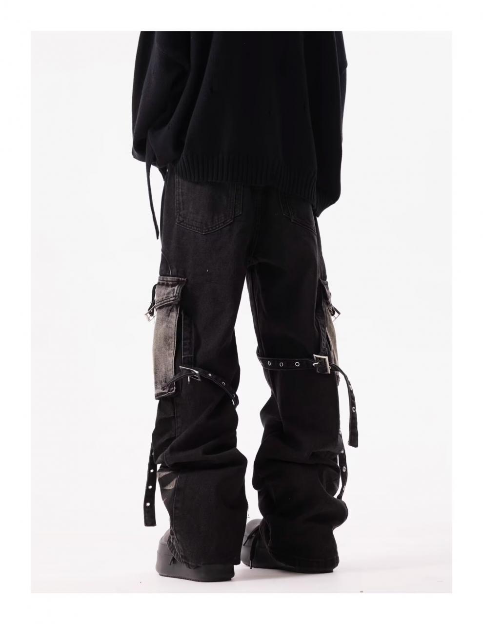 Jean cargo rétro ondulé à poches multiples et lacets pour homme, coupe droite, robuste et ample._voghion.com