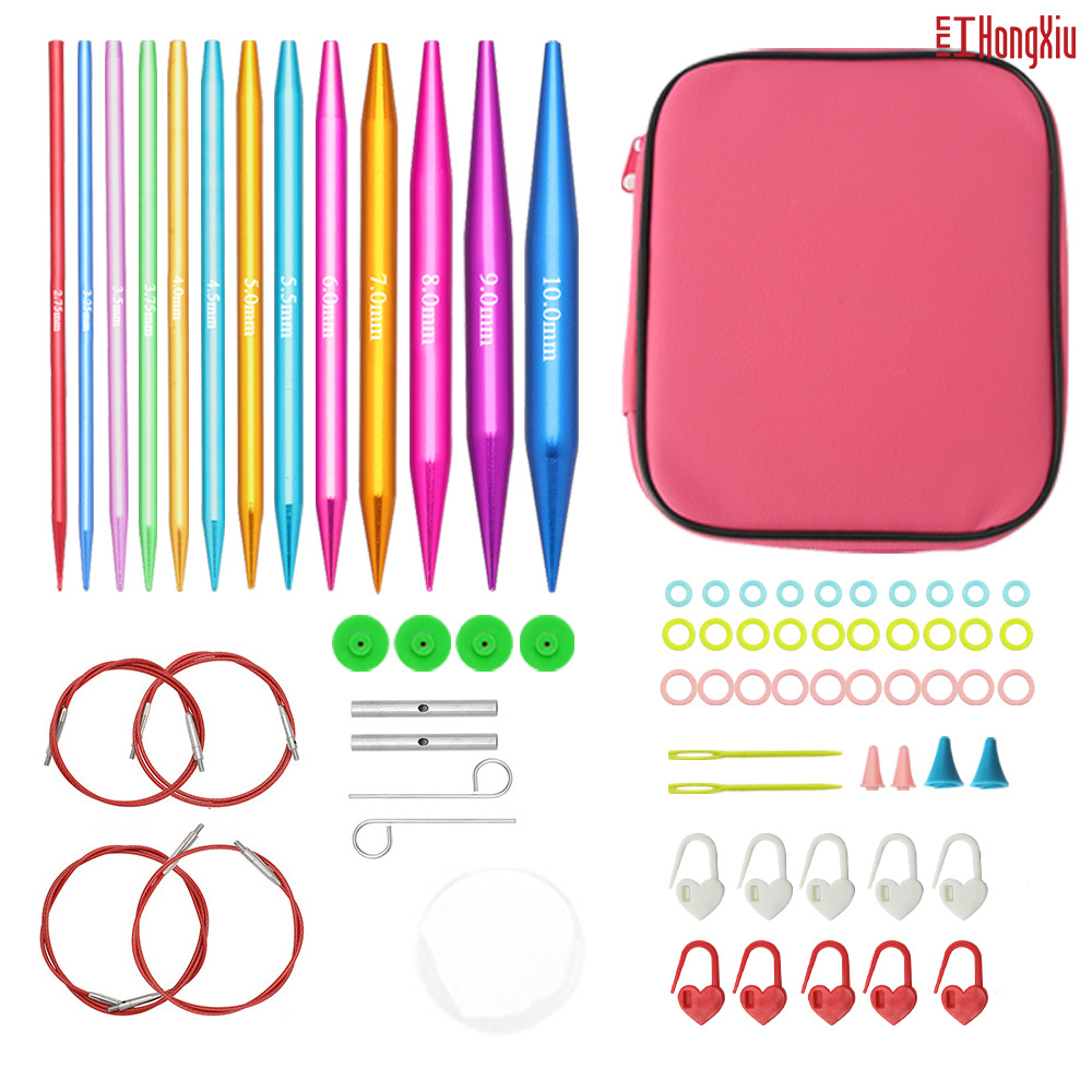 Rojo bordado desmontable anillo aguja color alúmina intercambio cable suéter aguja de tejer bolsa de ganchillo conjunto de herramientas