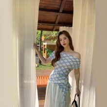 【SEGUYX 涩谷】斜肩格纹设计感上衣不规则荷叶边显瘦露肩T恤E195