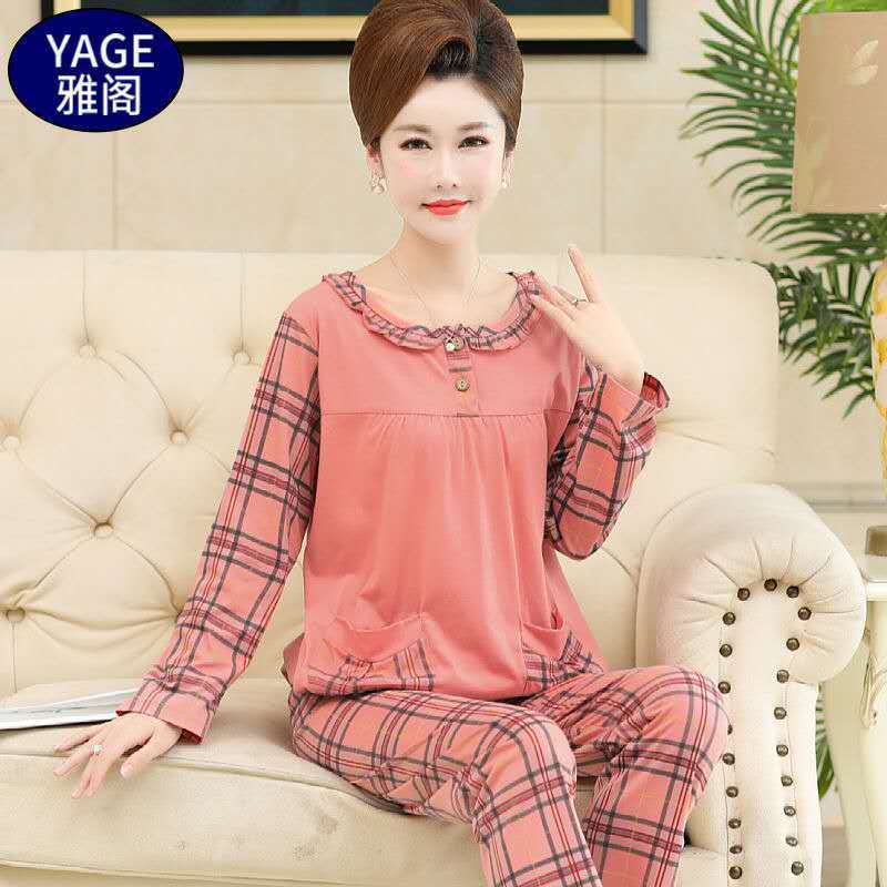 Pijamas de algodón Primavera y otoño de las mujeres chaqueta de manga larga traje de mediana edad y las madres mayores más tamaño al aire libre desgaste del hogar de invierno