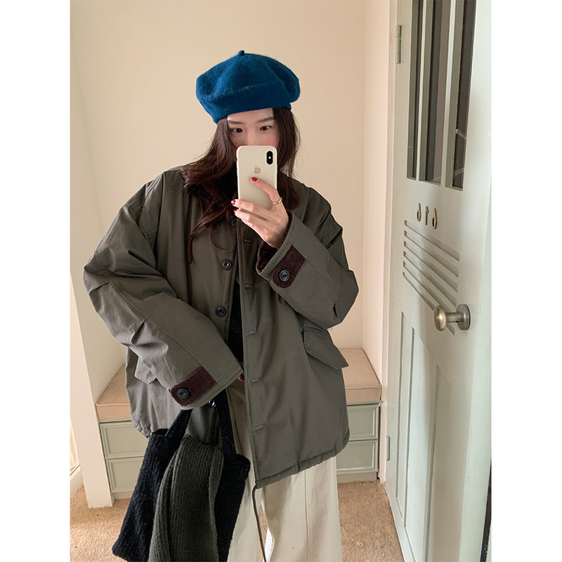 Huang Zheng's Color-Block Corduroy Collar Thickened Lamb Wool Coat Winter Warm Mid-Length Trench Parka 541161