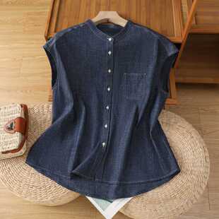 Real Shot of Japanese Style Retro Casual Blue Denim Shirt for Women 2025 Summer Thin Short-Sleeved Top Sleeveless Shirt Summer