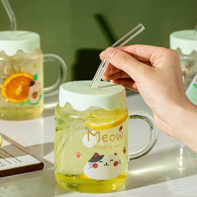 Taza de gato lindo creativo regalo personalizado taza de paja de vidrio taza de consumición fresca taza de dibujos animados de Corea