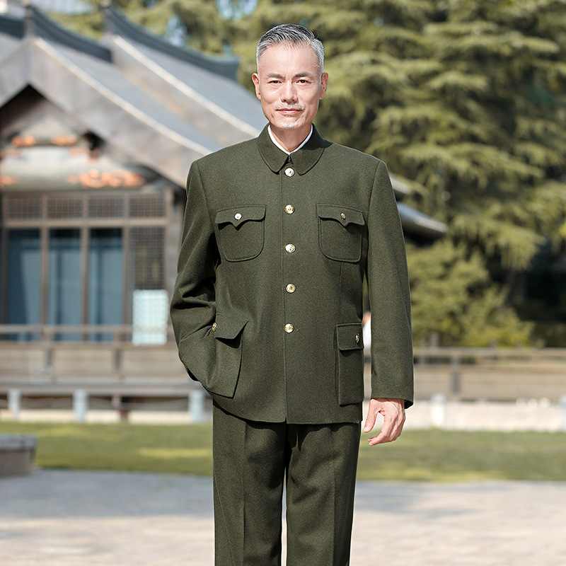 Autumn and winter woolen Zhongshan suit for middle-aged and elderly men, military green suit, thick woolen suit for middle-aged and elderly grandfathers.
