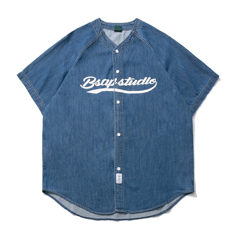 Japanese retro ameikaji letter printing Denim short-sleeved shirt men's and women's loose baseball shirt workwear shirt fashion