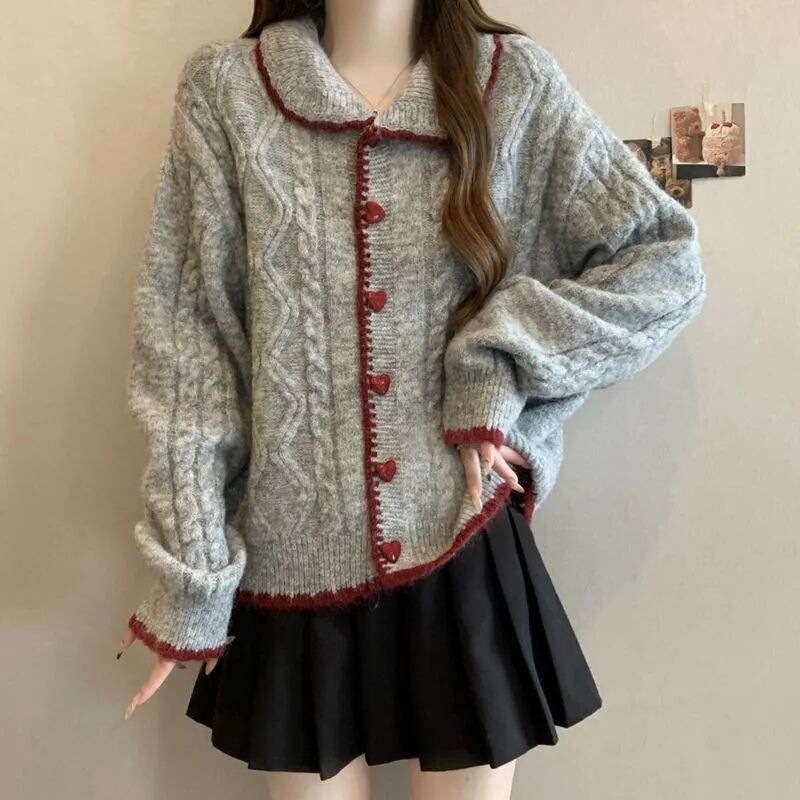 Academy Style Heart Button Doll Collar Cable Knit Cardigan for Women, Soft and Cozy Sweater Coat for Autumn and Winter 2025 Academy Style Heart Button Doll Collar Cable Knit Cardigan for Women, Soft and Cozy Sweater Coat for Autumn and Winter 2025