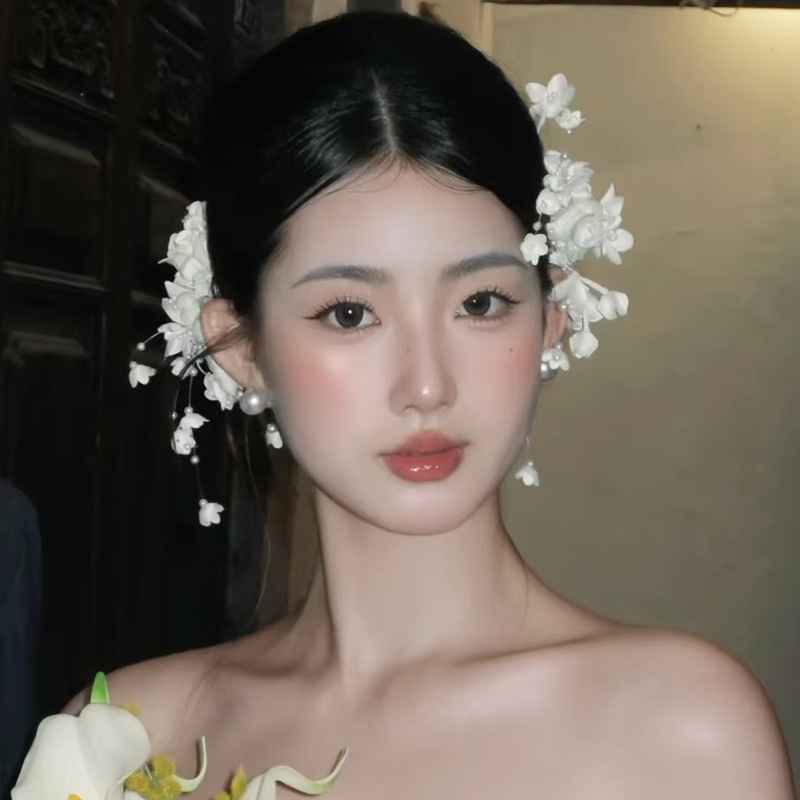Original Korean-Style Bridal Hair Accessories, Sweet and Fairy-Like White Flower Hair Clips, Exquisite and Elegant Forest-Style Photo Shoot Wedding Accessories