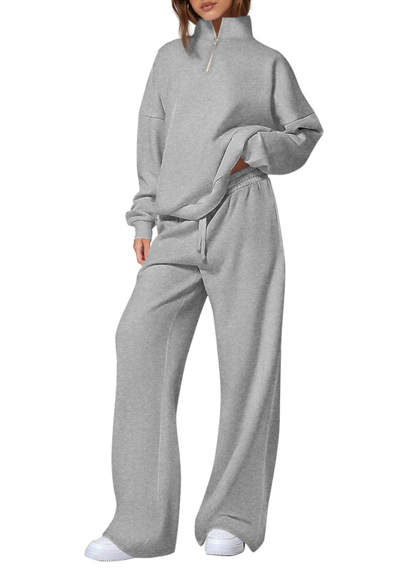 独立站女式休闲两件套2025秋冬季半拉链运动衫直筒裤运动服旅行套|undefined