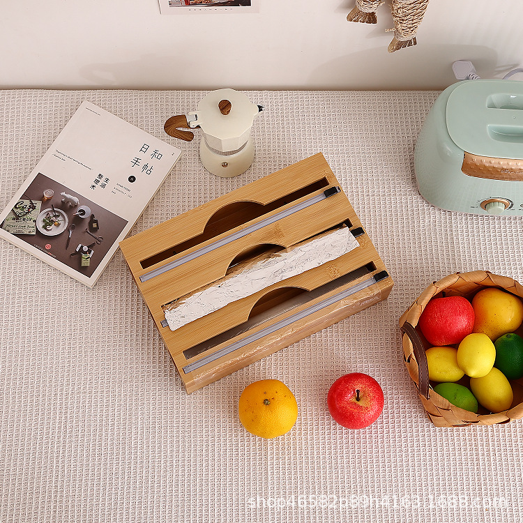 Cortador de papel de bambú caja de almacenamiento de envoltura de plástico caja de almacenamiento de cajón de cocina divisor de papel de cera montado en la pared