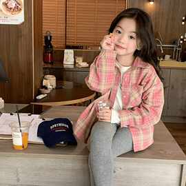 跨境儿童洋气粉色格子衬衫2026春秋新款女童韩版长袖衬衣宝宝秋装