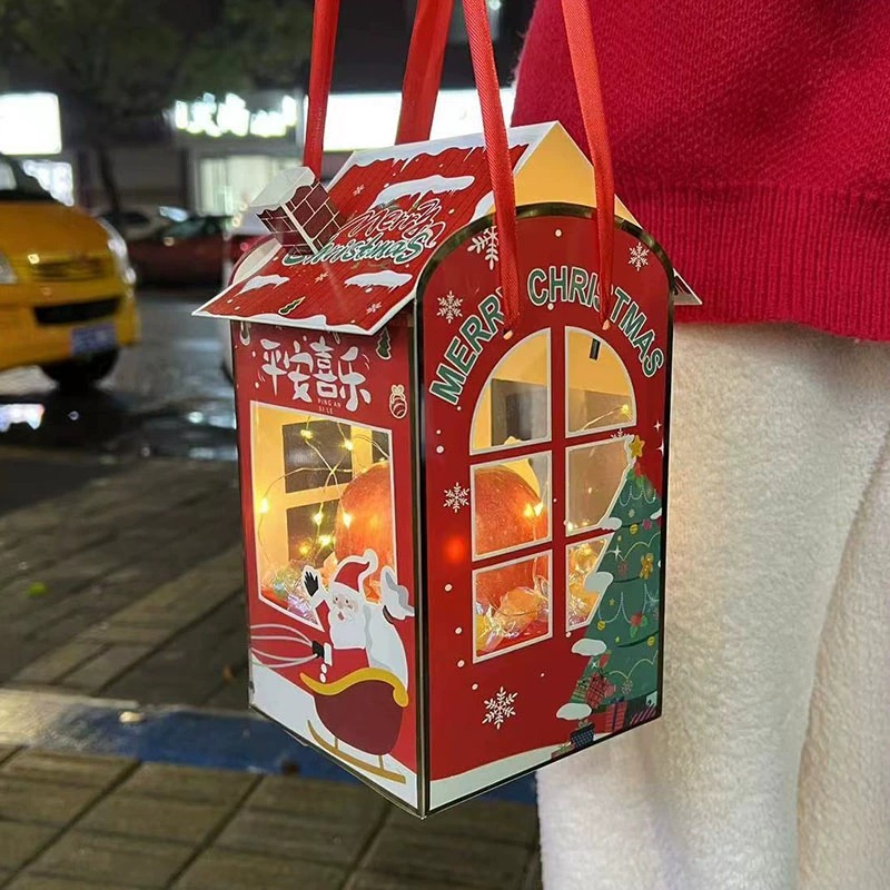 Navidad Cottage plegable caja de Apple mano llevar bolsa de regalo Nochebuena niños Portátil Bolsa de dulces caja de embalaje de regalo