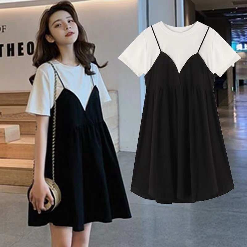 Maternity dress plus size dress summer mid-length maternity top loose fake two-piece short sleeve suspender skirt doll skirt