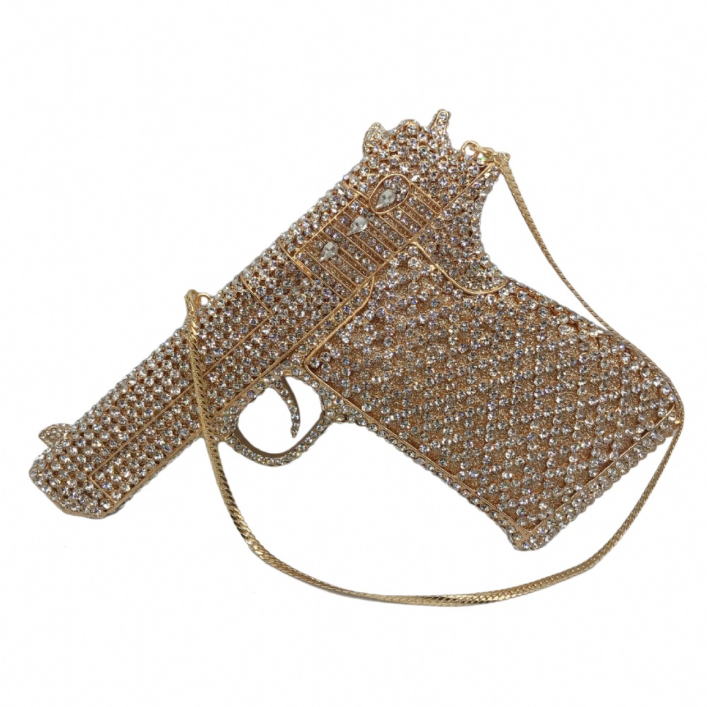 Seleccione estrictamente la nueva bolsa de cena con diamantes transfronterizos, bolsas de mano de diamantes en forma de pistola, bolsas de banquete europeas y estadounidenses, bolsas de diamantes llenas de personalidad