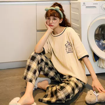 Summer pajamas women's short-sleeved trousers round neck cotton Cute Korean style home wear cartoon suit live hot-selling non-printed