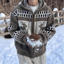 美式复古圣诞毛衣男连帽冬费尔岛提花圣诞拉链慵懒风开衫针织外套