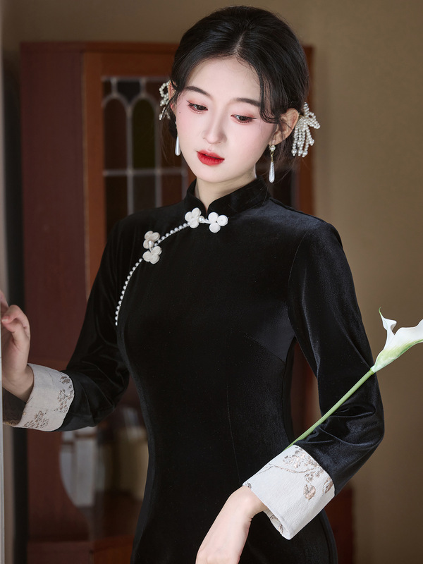 黑色旗袍2025新款女新中式秋冬季长袖改良优雅气质高级感显瘦修身|undefined