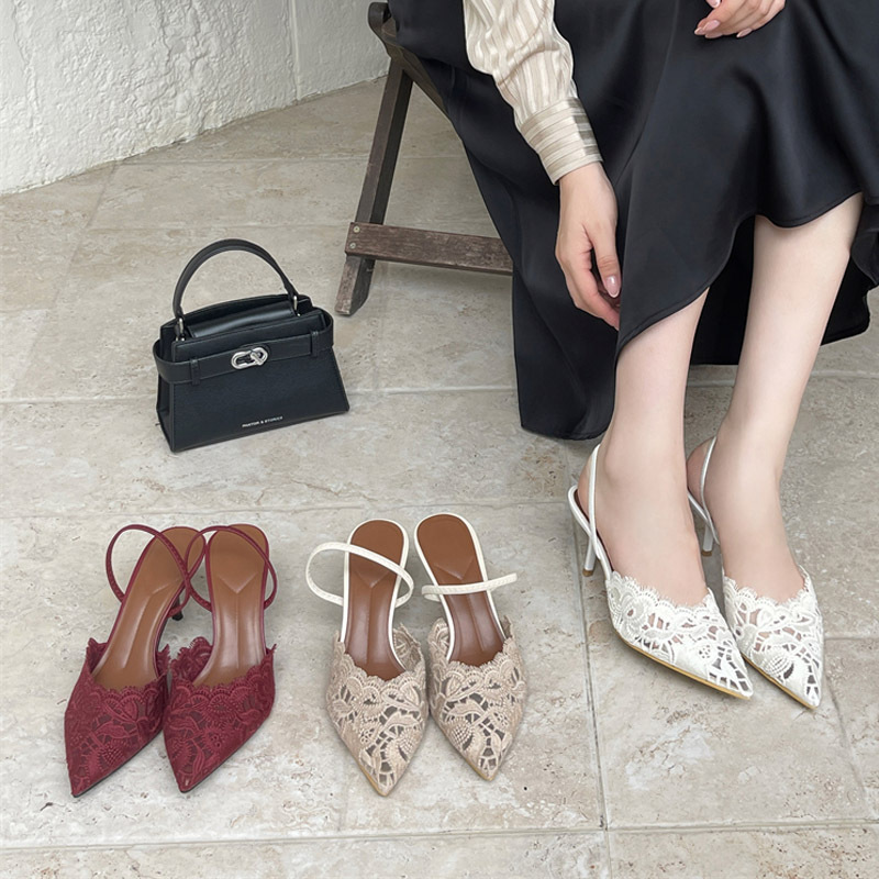Wholesale women's shoes: Amazon wine-red pointed-toe, closed-toe, breathable mesh, lace-up, fabric-covered, stiletto-heel women's high-heeled sandals Wholesale women's shoes: Amazon wine-red pointed-toe, closed-toe, breathable mesh, lace-up, fabric-covered, stiletto-heel women's high-heeled sandals