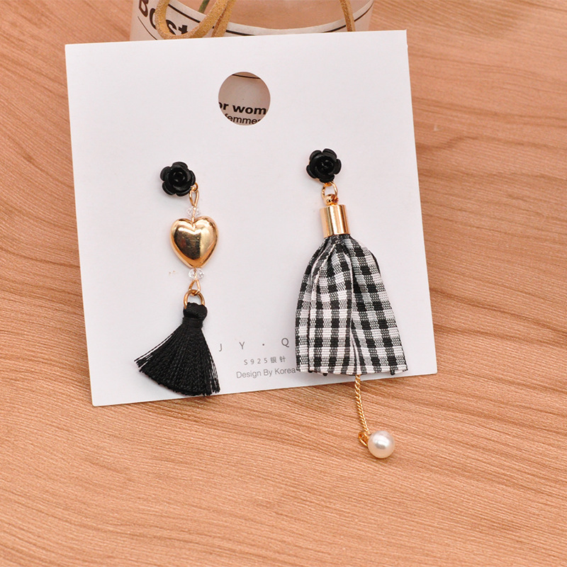 长款爱心流苏不对称耳环韩国裙子布艺百搭个性气质珍珠耳饰女