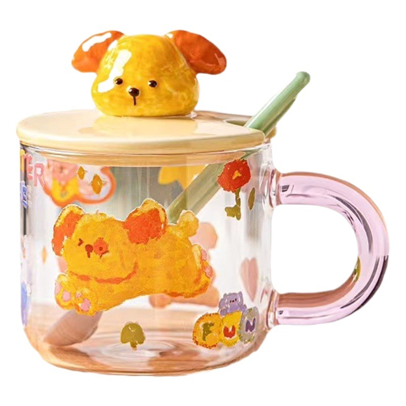 Creativo de dibujos animados animal de vidrio con tapa cuchara oficina taza de beber personalidad de alta apariencia lindo desayuno taza resistente al calor