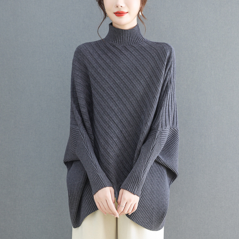 Cross-Border Irregular Top Bat Sleeve Knitwear Women's Loose Belly-Covering Knitwear Large Size Fat mm Turtleneck Bottoming Shirt Cross-Border Irregular Top Bat Sleeve Knitwear Women's Loose Belly-Covering Knitwear Large Size Fat mm Turtleneck Bottoming Shirt