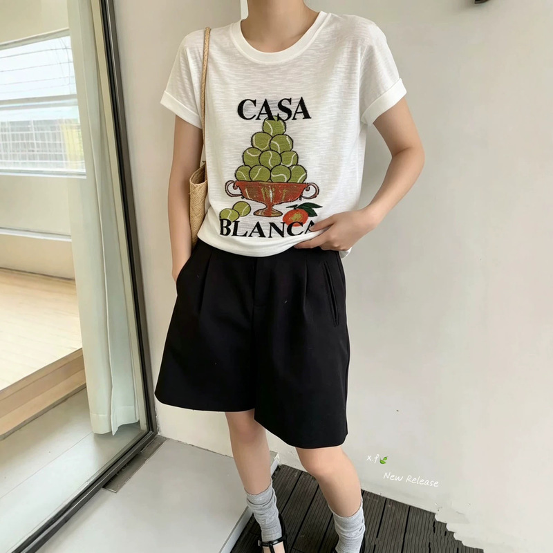 Tennis jacquard t-shirt for women, round neck, flutter sleeves, casual versatile slim-fit youthful knit top in bamboo linen Tennis jacquard t-shirt for women, round neck, flutter sleeves, casual versatile slim-fit youthful knit top in bamboo linen